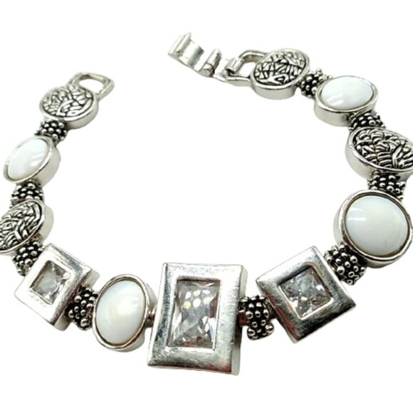 Lia Sophia Clear Cut Crystals Mother of Pearl Textured Links Rhodium Bracelet - Picture 3 of 14